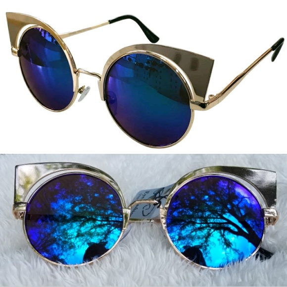 BLUE GOLD Cat Eye Retro Metallic Sunglasses Shades - Picture 2 of 8